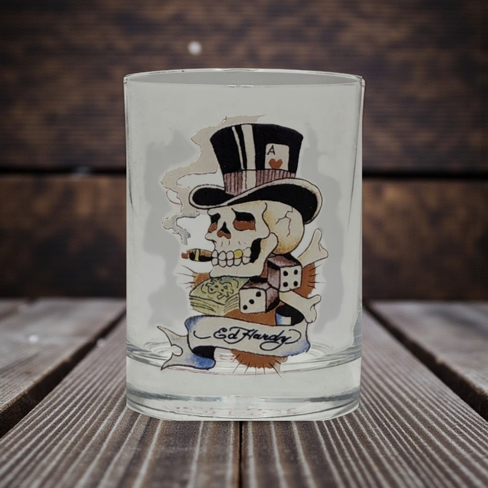 VINTAGE Don Ed Hardy Drinking High Ball Glass Smoking Skull Dice Heavy Bottom